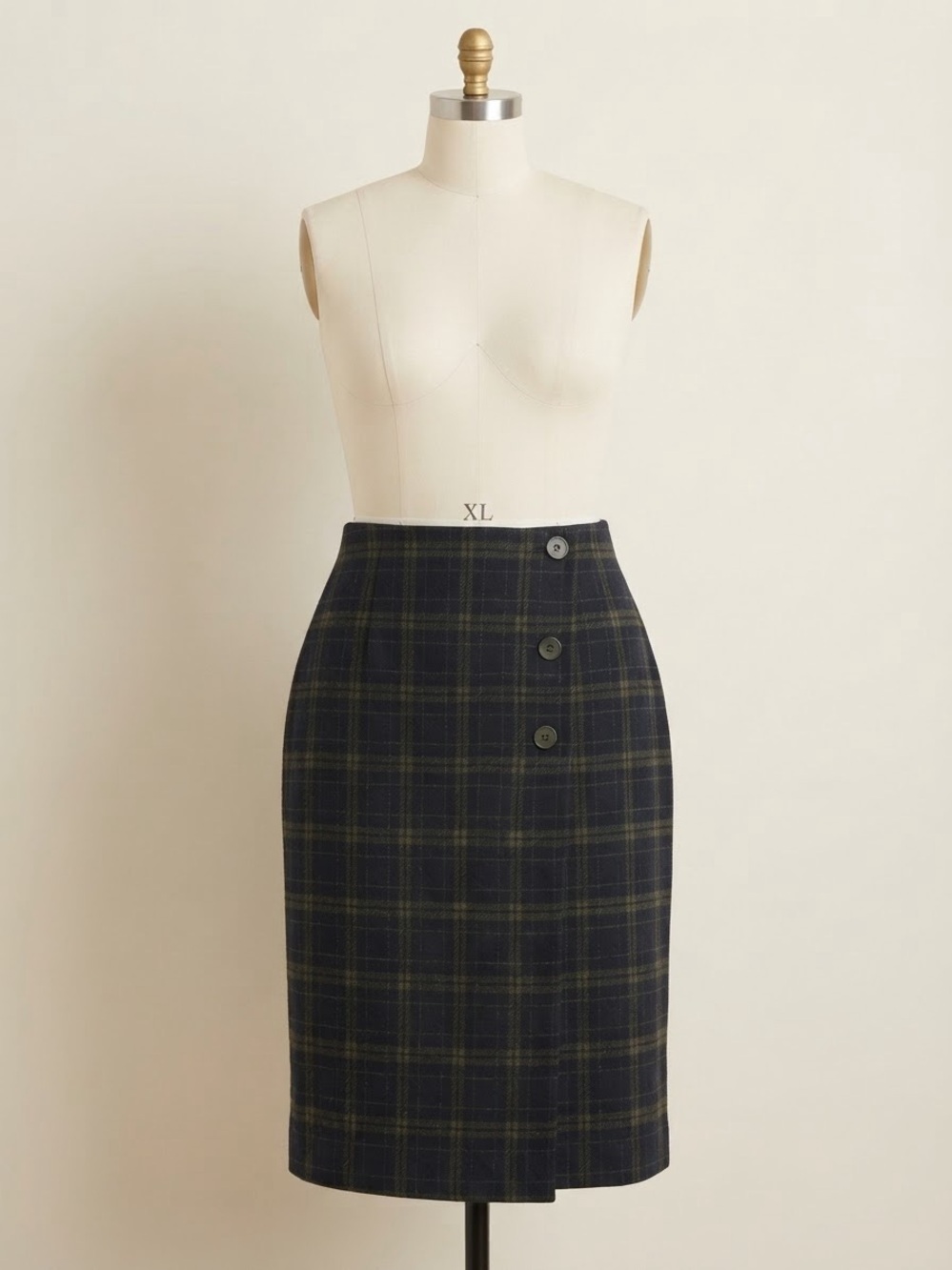J. Jill Navy and Olive Plaid Pencil Skirt with Side Buttons